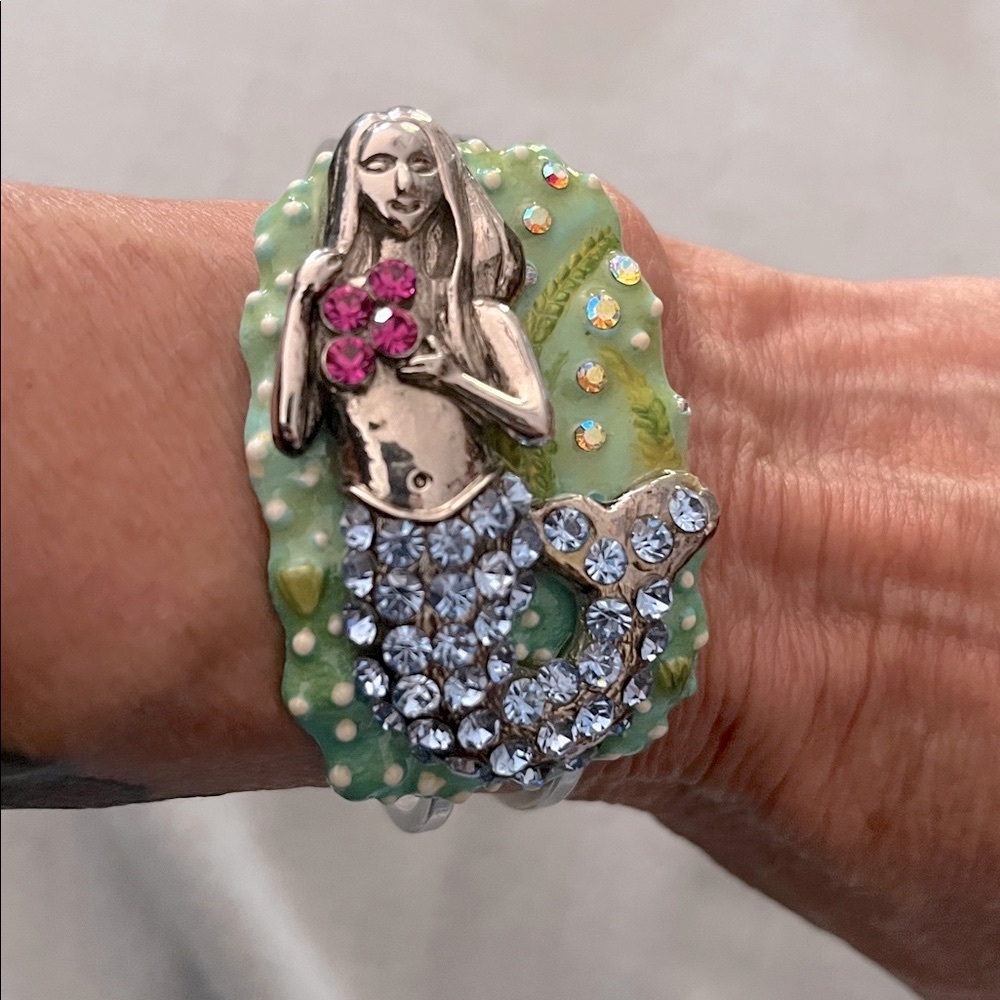Vintage Rhinestone & Enamel Mermaid Hinged Cuff Bracelet